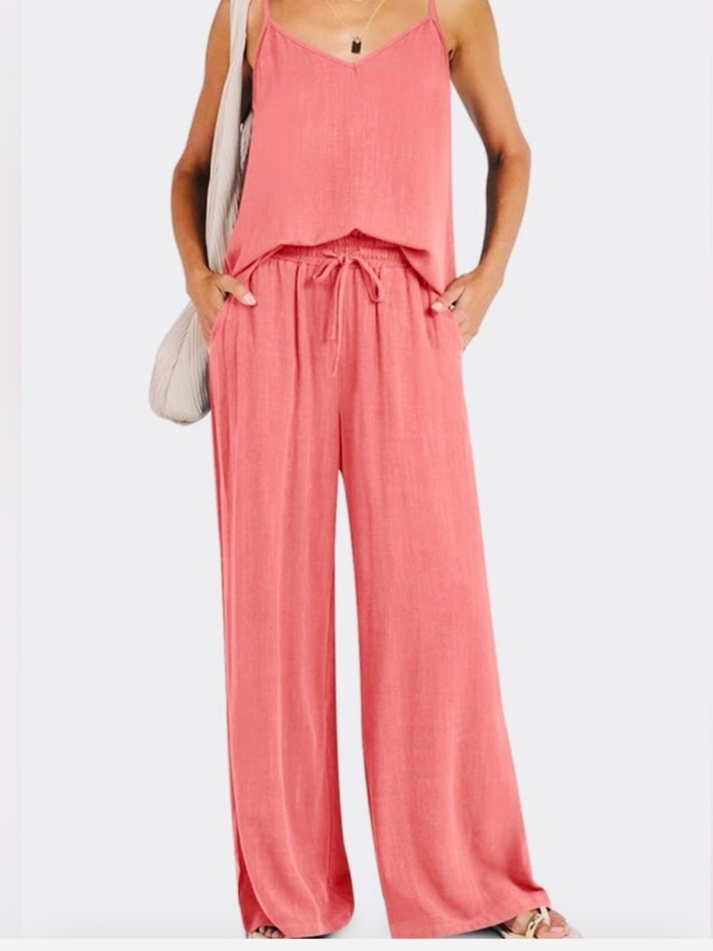 ANRABESS 2 Piece Peach Linen Casual Lounge Set - Picture 3 of 5